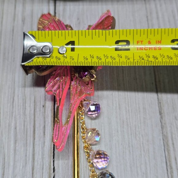 Handmade Delicate Gold and Pink Butterfly Hair Stick w/ Wings and Crystal 7" L - Picture 8 of 8